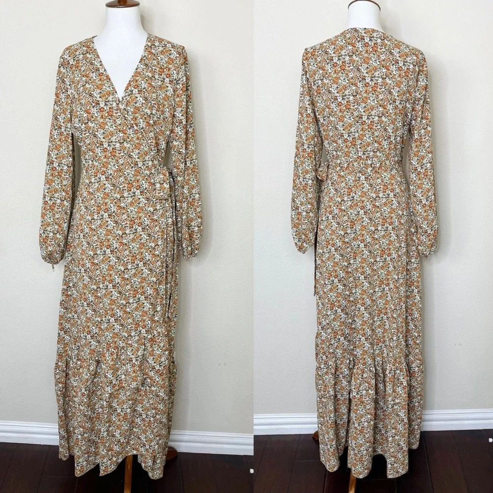Molly Bracken Enola Wrap Boho Floral Long Dress Size Medium Cottagecore Khaki